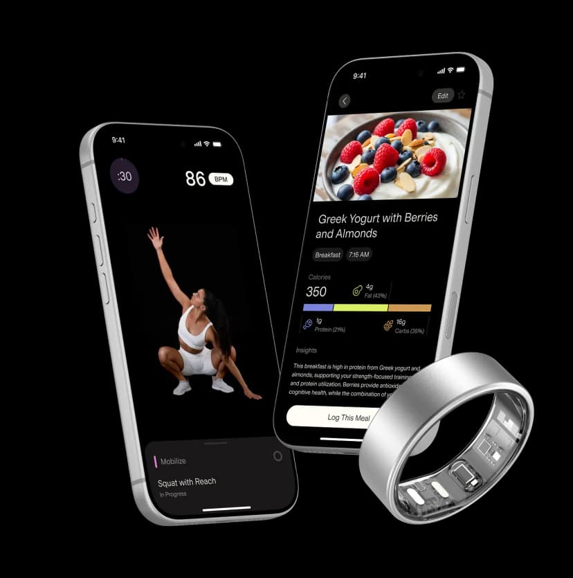 AlterMe app showing nutrition and workout features with a silver ring
